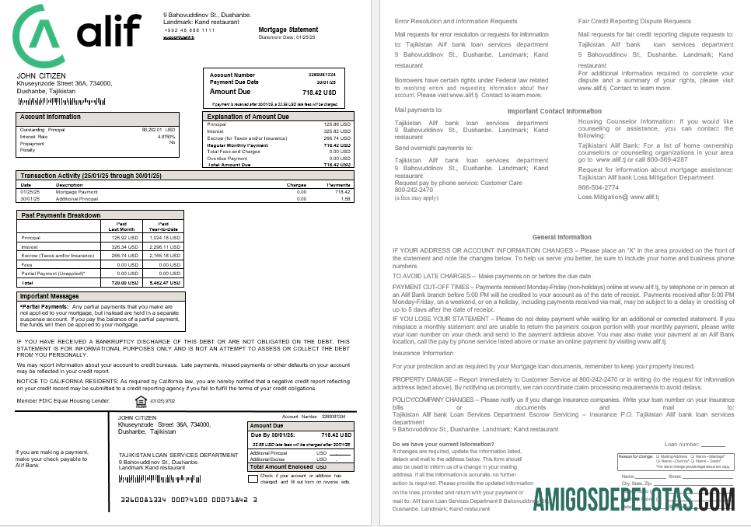 Extrato de hipoteca do Tajiquistão Alif Bank em formatos Word e PDF exemplo